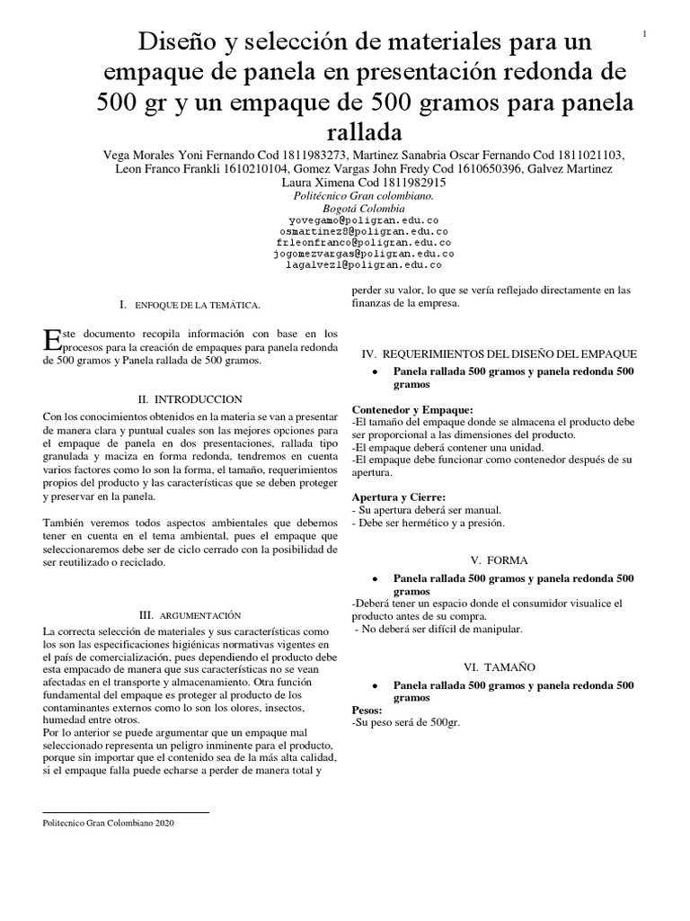 Entrega 2 Diseño empaque panela rallada y redonda 500 gr | PDF ...