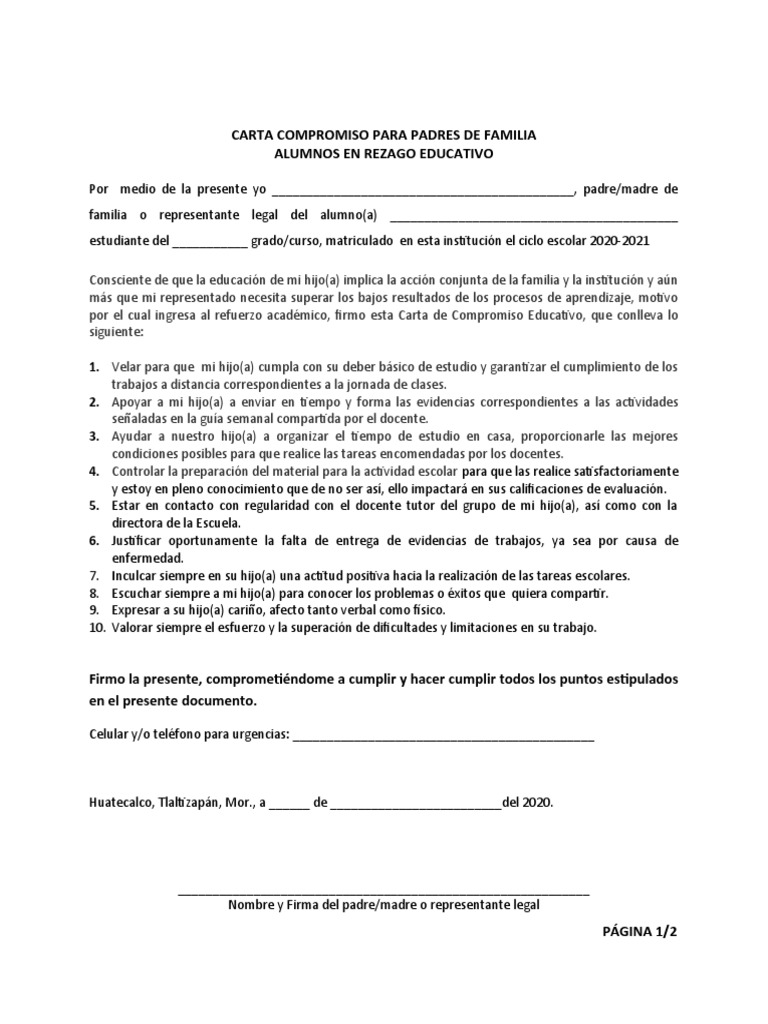 Carta Compromiso para Padres de Familia | PDF | Maestros | Aprendizaje