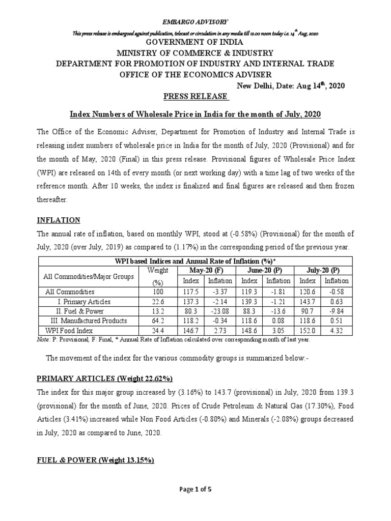 Index Numbers of Wholesale Price in India For The Month of July, 2020