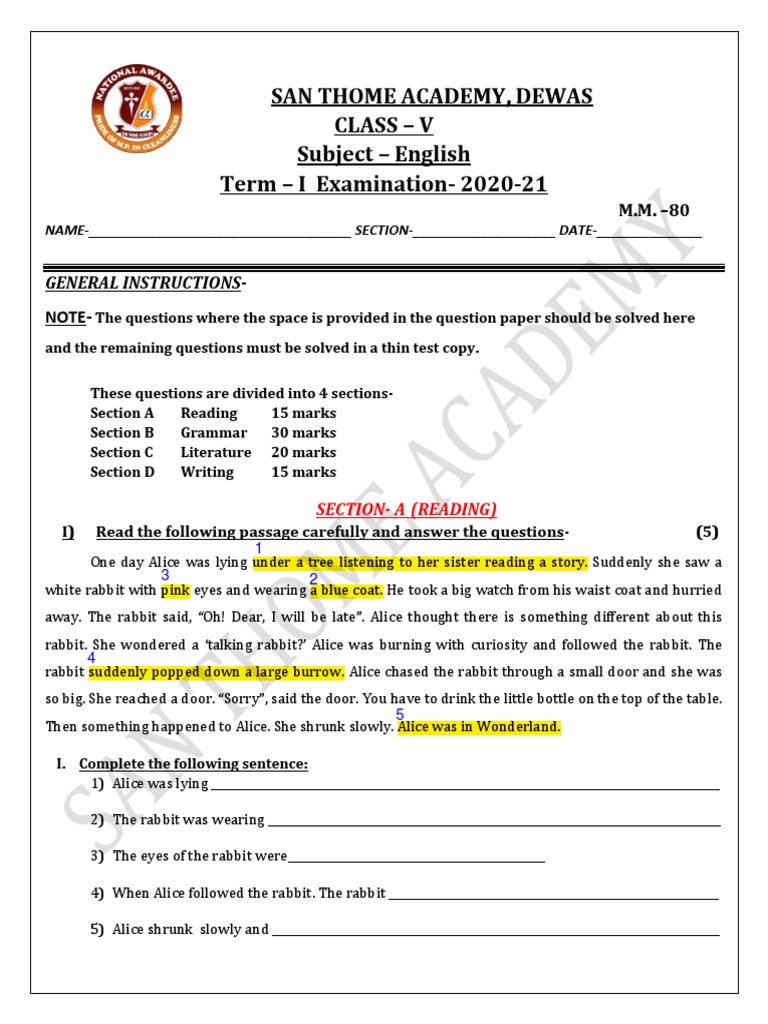 Class 5 English Term 1 Question Paper | PDF | Adjective | Noun