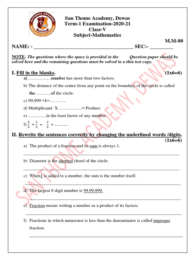 Class 5 Term-1 Maths Question Paper | PDF | Fraction (Mathematics ...