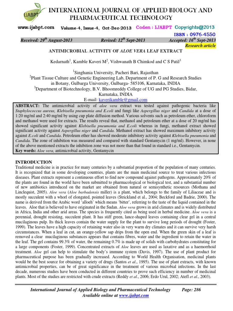 Antimicrobial Activity of Aloe Vera Extract | PDF