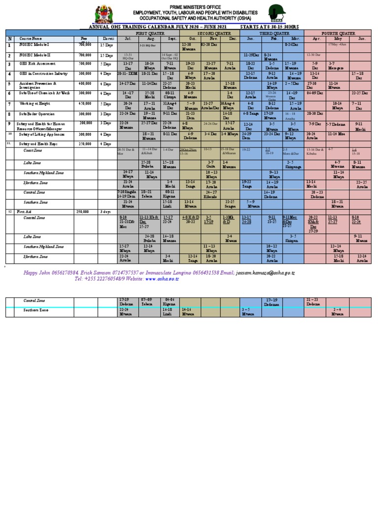 Osh Calendar 2022 2020-21 Ohs Training Calender (Edited) | Pdf | Employee Relations | Occupational  Safety And Health