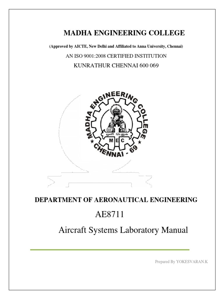 AE8711 Aircraft Systems Laboratory Manual Madha Engineering College