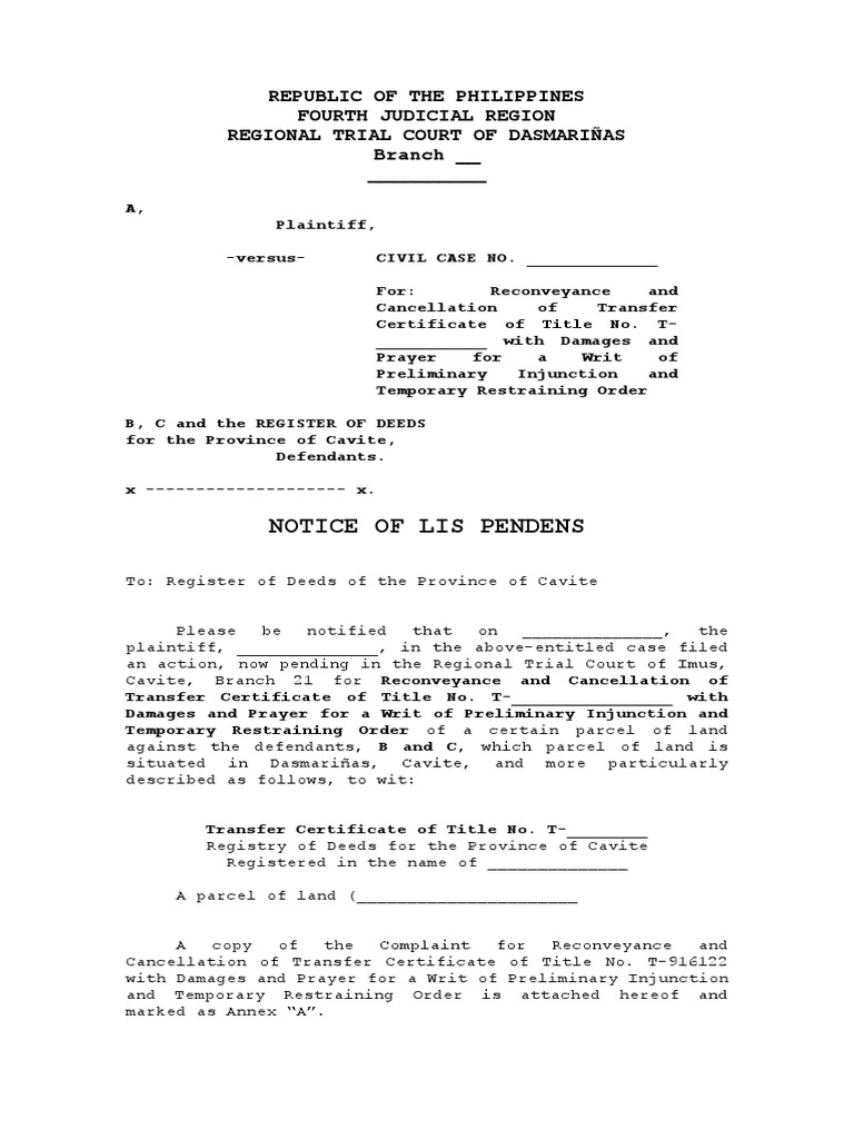 Sample notice of lis pendens pdf