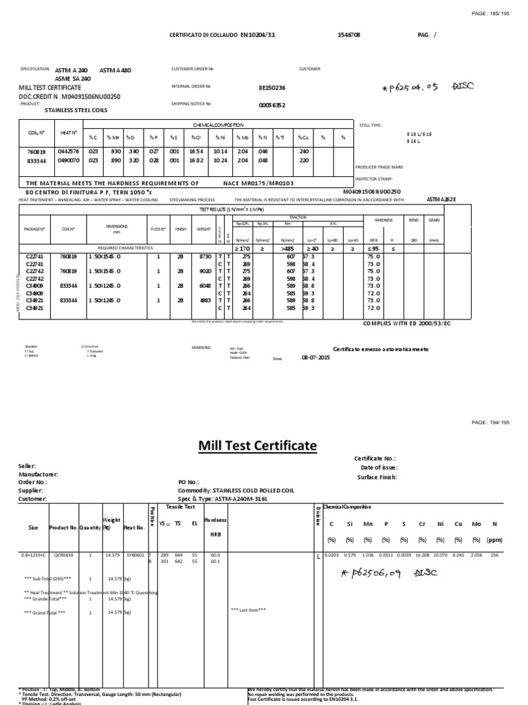 En 10204 2.1 Certificate