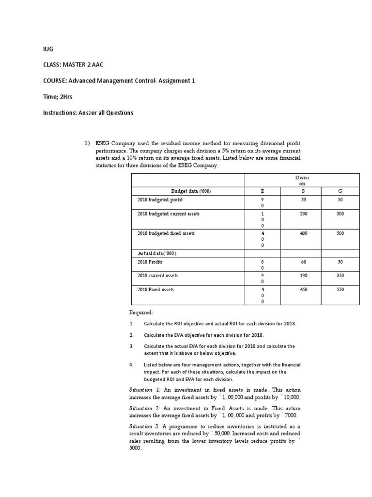 IUG Class: Master 2 Aac COURSE: Advanced Management Control-Assignment ...