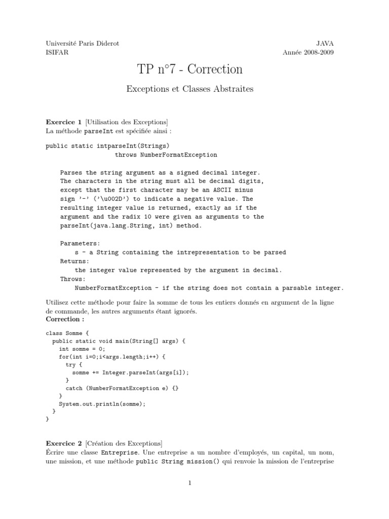 Exceptions et Classes Abstraites en Java | PDF | Informatique ...