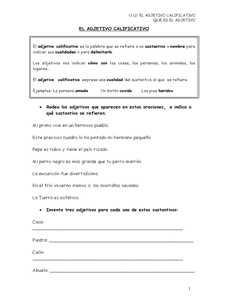 7el Adjetivo Calificativo PDF | PDF | Adjetivo | Género gramatical