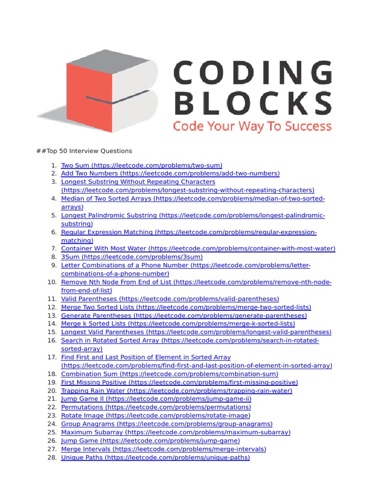 Top 50 LeetCode Interview Questions | PDF | Algorithms | Algorithms And ...
