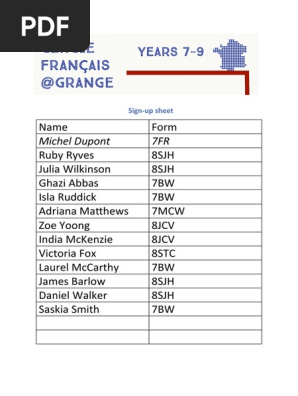 Sign up sheet