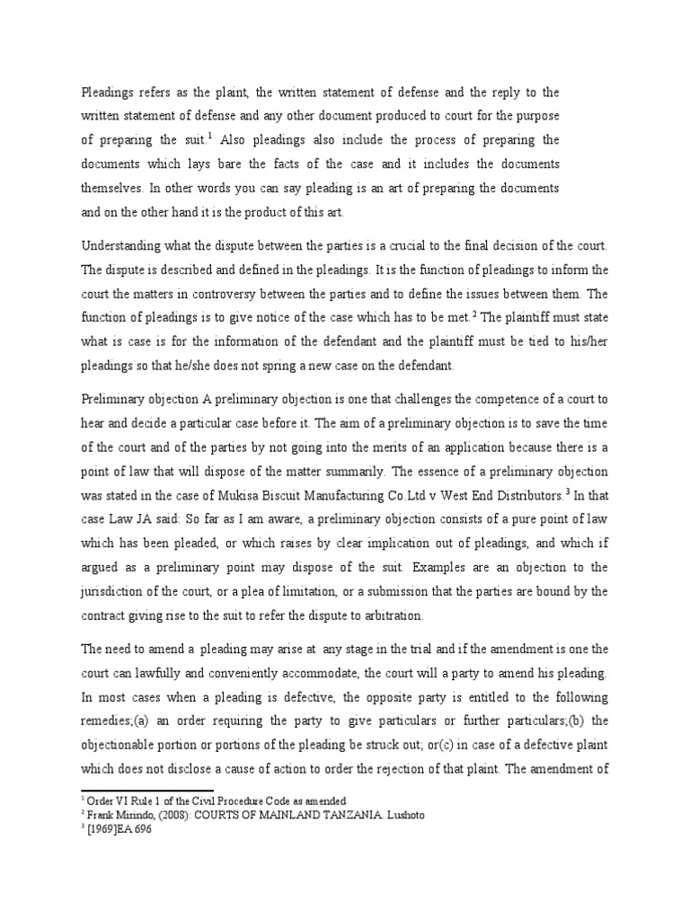 Order VI Rule 1 of The Civil Procedure Code As Amended Frank Mirindo, (2008) COURTS OF