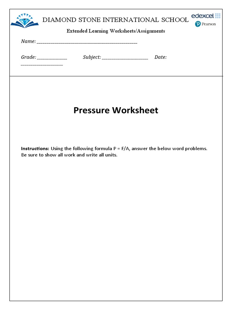 Pressure Worksheet: Diamond Stone International School | PDF