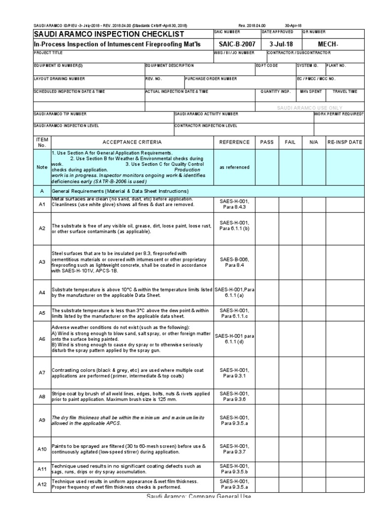 Saudi Aramco Inspection Checklist InProcess Inspection of Intumescent Fireproofing Mat'ls SAIC