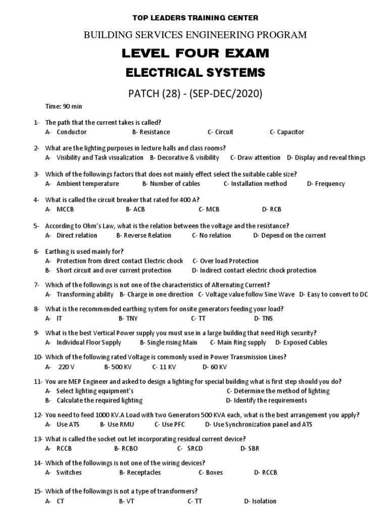 Level Four Exam Electrical Systems PATCH (28) (SEPDEC/2020) PDF Power Engineering