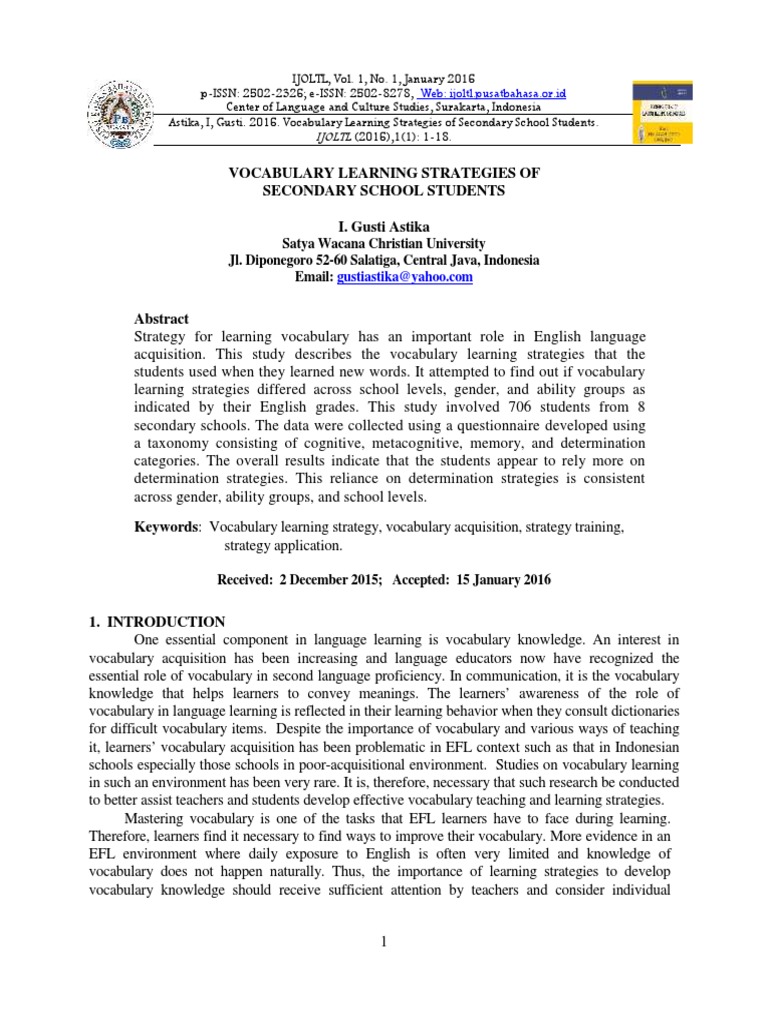 Vocabulary Learning Strategies of Secondary School Students I. Gusti ...