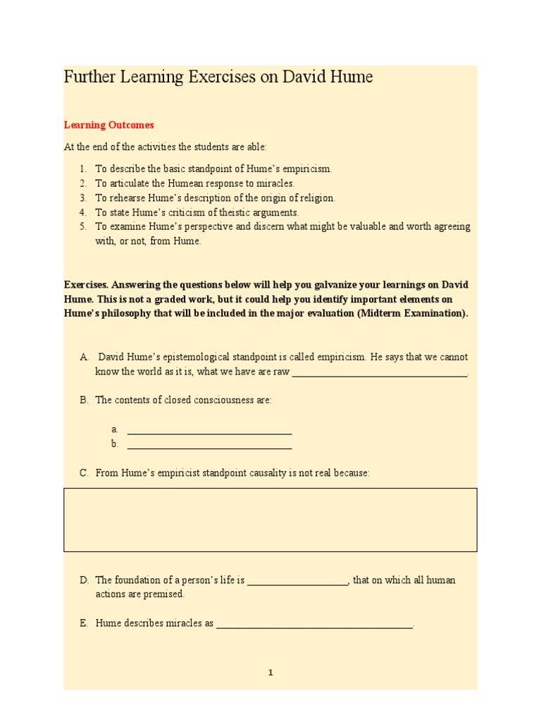 Further Learning Exercises On Hume PDF David Hume Miracle