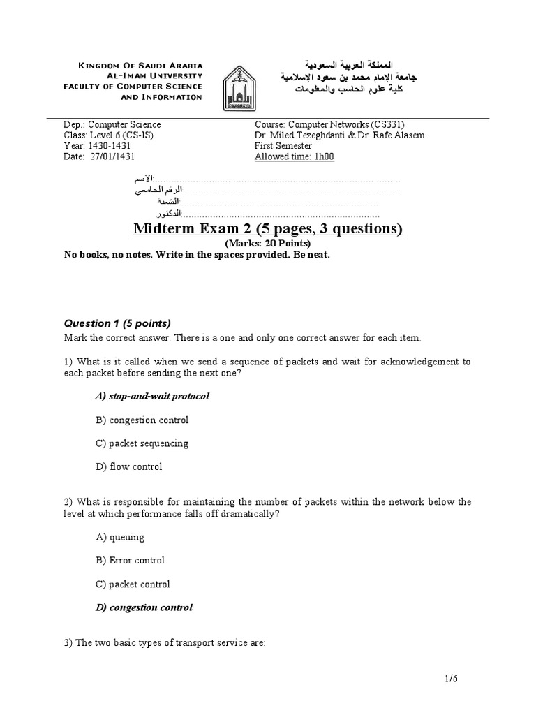 Computer Networks Midterm Exam Guide | PDF | Transmission Control ...