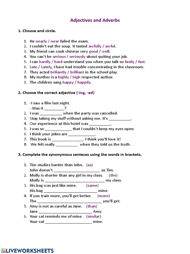 Adjective and Adverb Exercises | PDF | Language Arts & Discipline ...