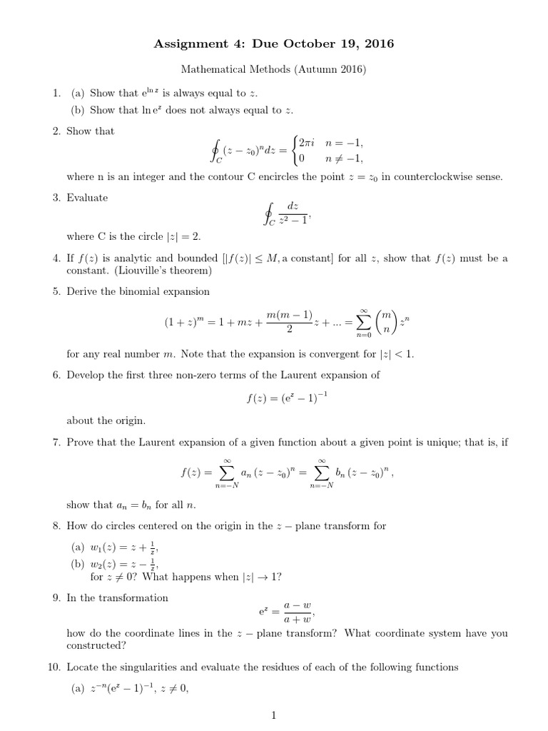 Assignment 4: Due October 19, 2016: LNZ Z | PDF | Calculus | Complex ...