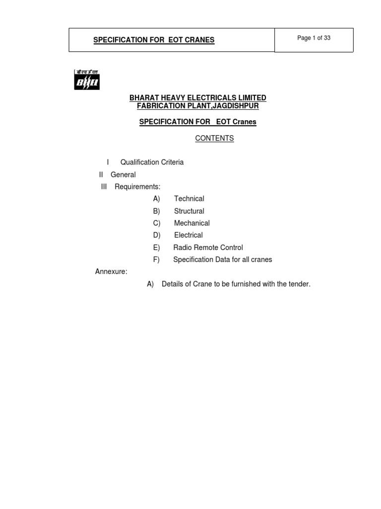 EOT Crane Specification Guidelines | PDF | Gear | Crane (Machine)