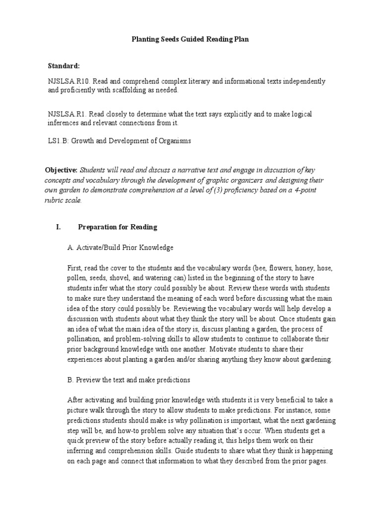 Guided Reading Plan for Planting Seeds | PDF | Reading Comprehension ...