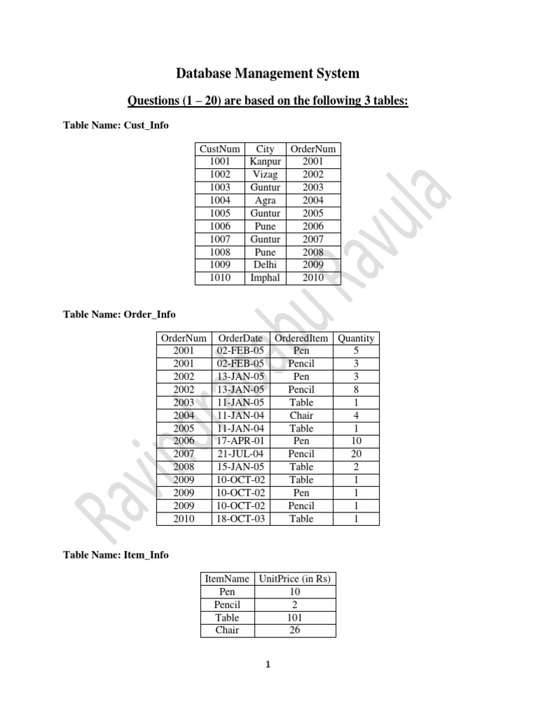 Database Management System: Questions (1 - 20) Are Based On The ...