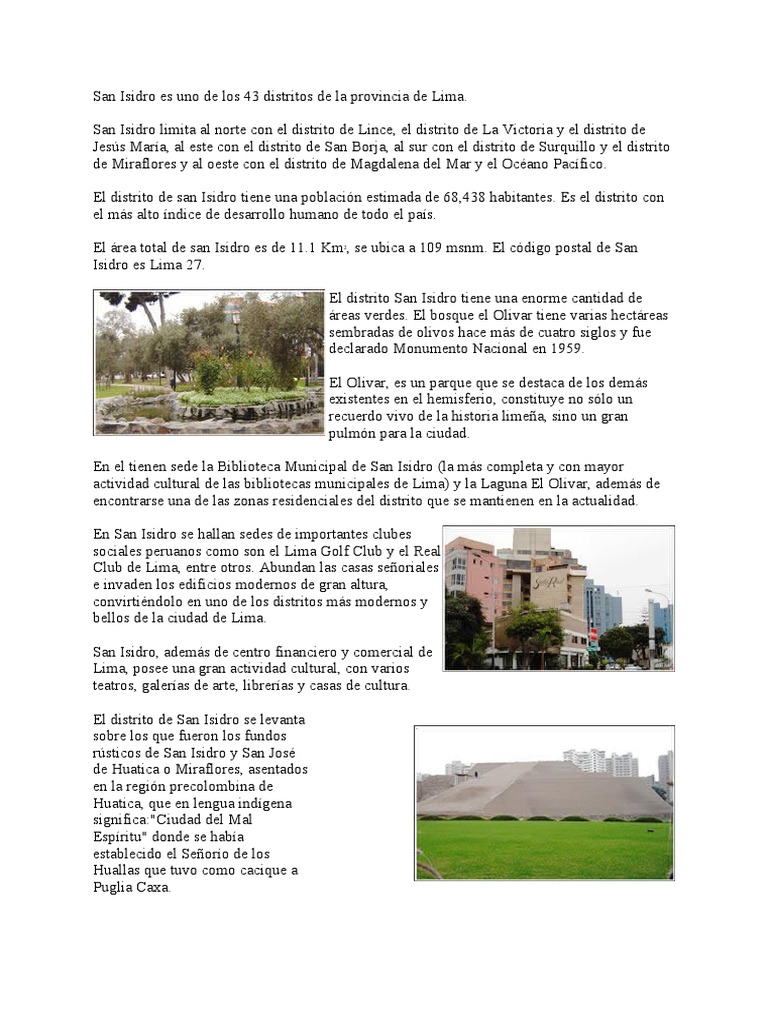 San Isidro Es Uno de Los 43 Distritos de La Provincia de Lima | PDF ...