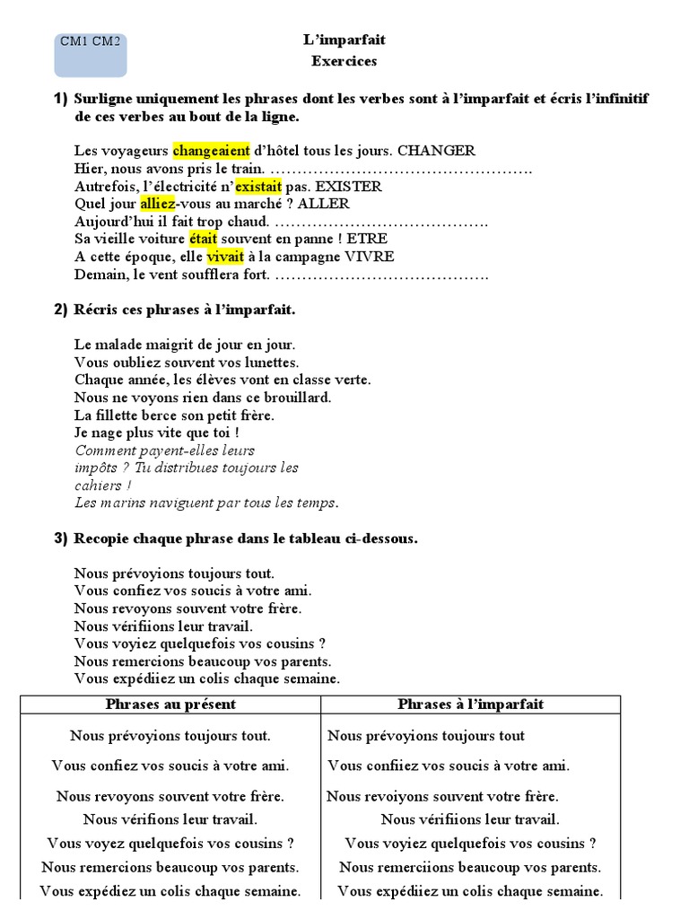 évaluation Imparfait Cm1 Avec Correction Exercices L Imparfait | PDF | Verbe | Mécanique du langage