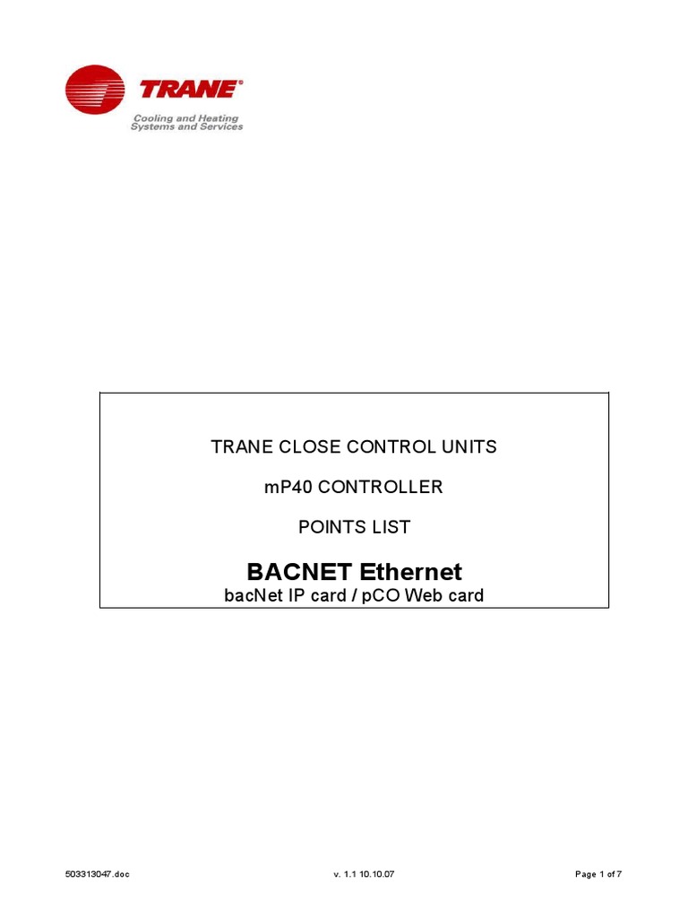 TRANE CCU MP40 Controller Points List For Jun09E4 PDF