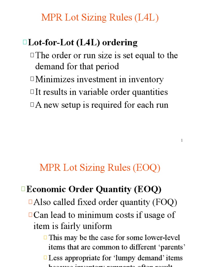 MPR Lot Sizing Rules (L4L) PDF Inventory Business