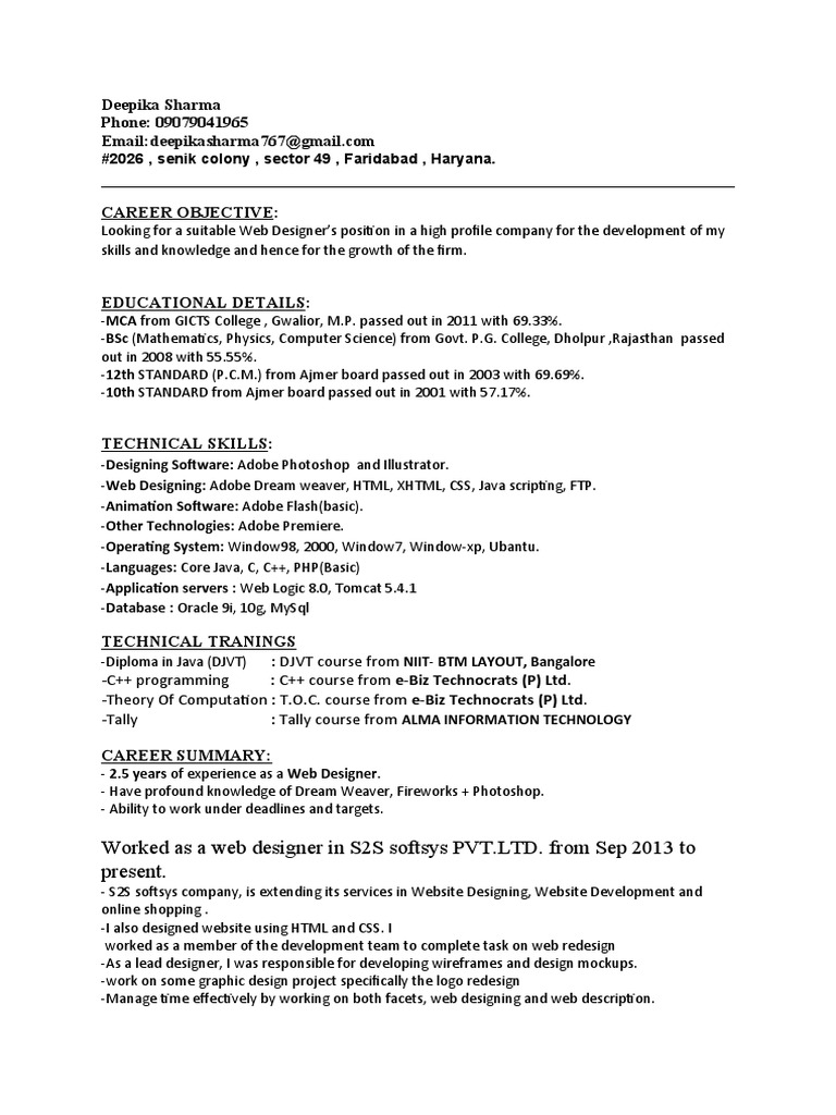 Web Designer Resume of Deepika Sharma | PDF | Web Design | Websites