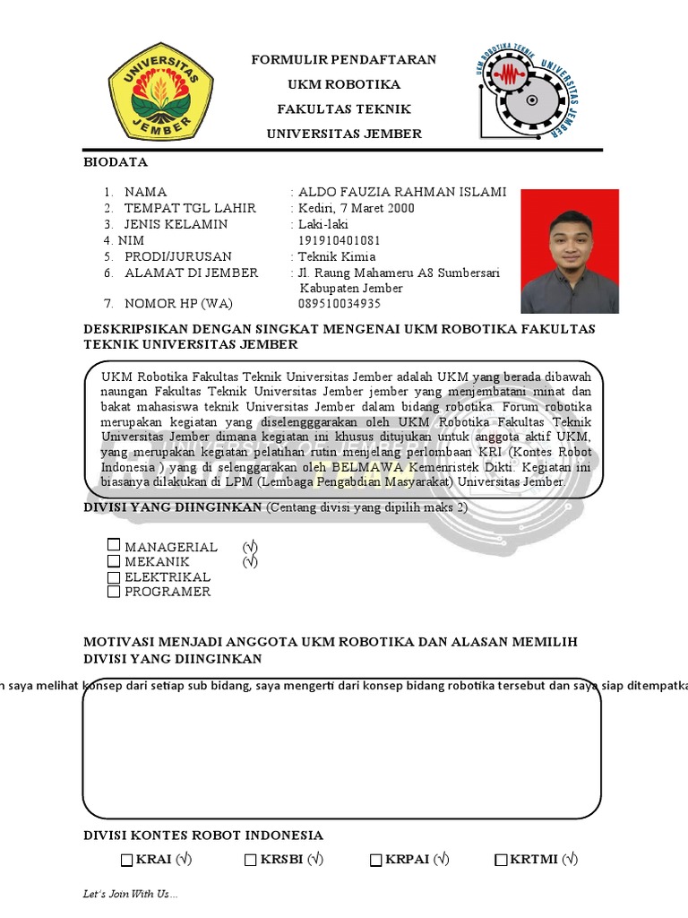 Formulir Pendaftaran Ukm Robotika 2020 A N Aldo Fauzia Rahman Islami Pdf