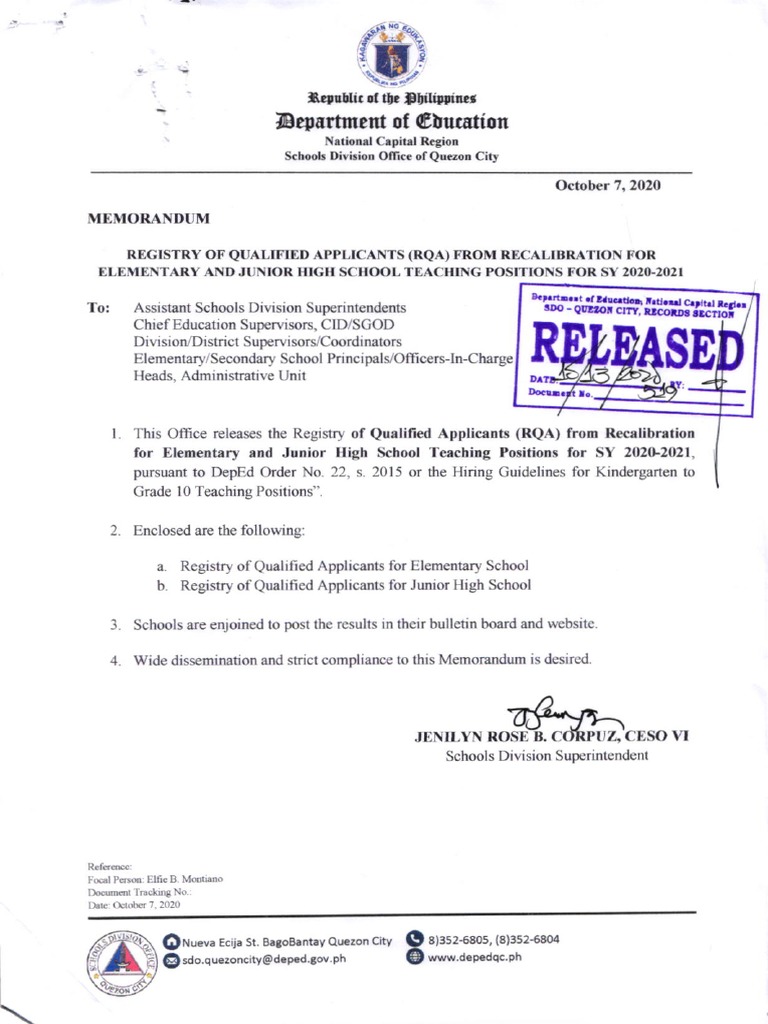 RQA Registry for Teacher Positions 2020-2021 | PDF | Students ...