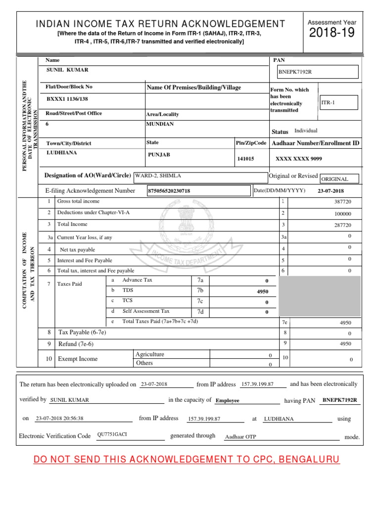 Indian Tax Return Acknowledgement Name of Premises/Building