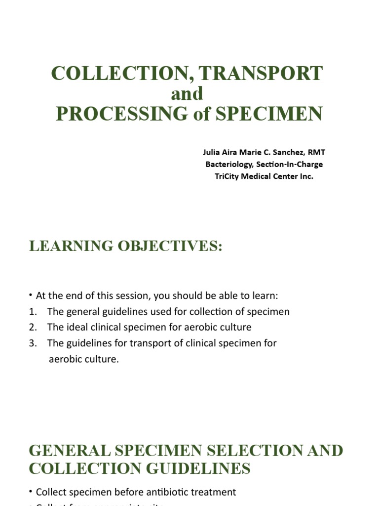 Collection, Transport and Processing of Specimen PDF Medical