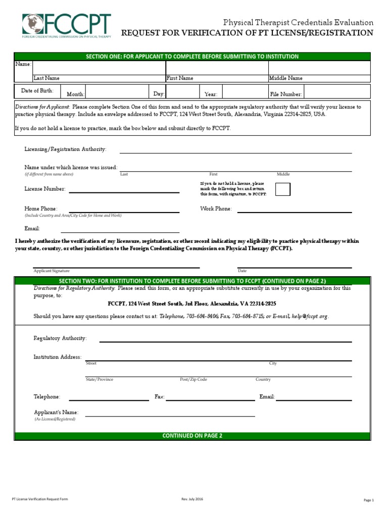 Request For Verification of PT License/Re Gistration Physical