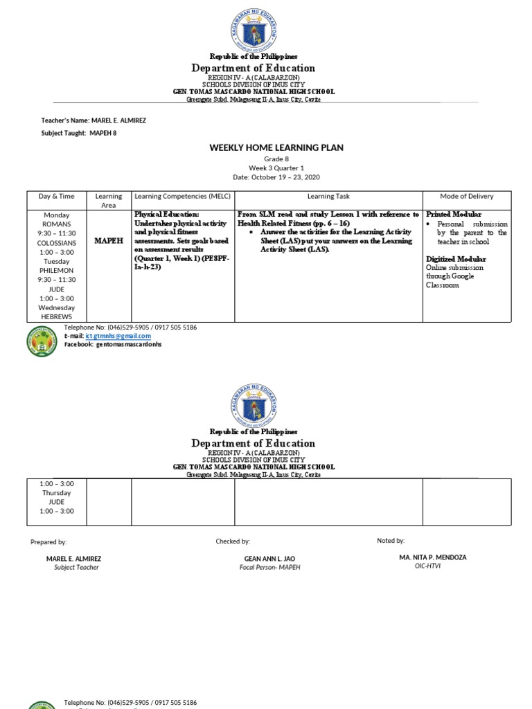 Grade 8 MAPEH Weekly Learning Plan | PDF | Pedagogy | Teaching
