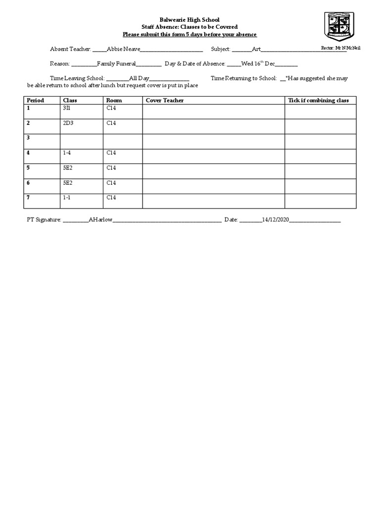Green Slip Staff Absence Classes To Be Covered PDF