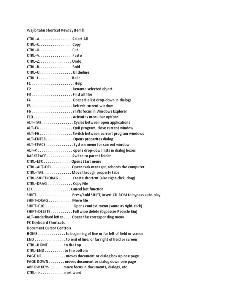 Computer Shortcut Keys System | PDF | Operating System Families |  Input/Output