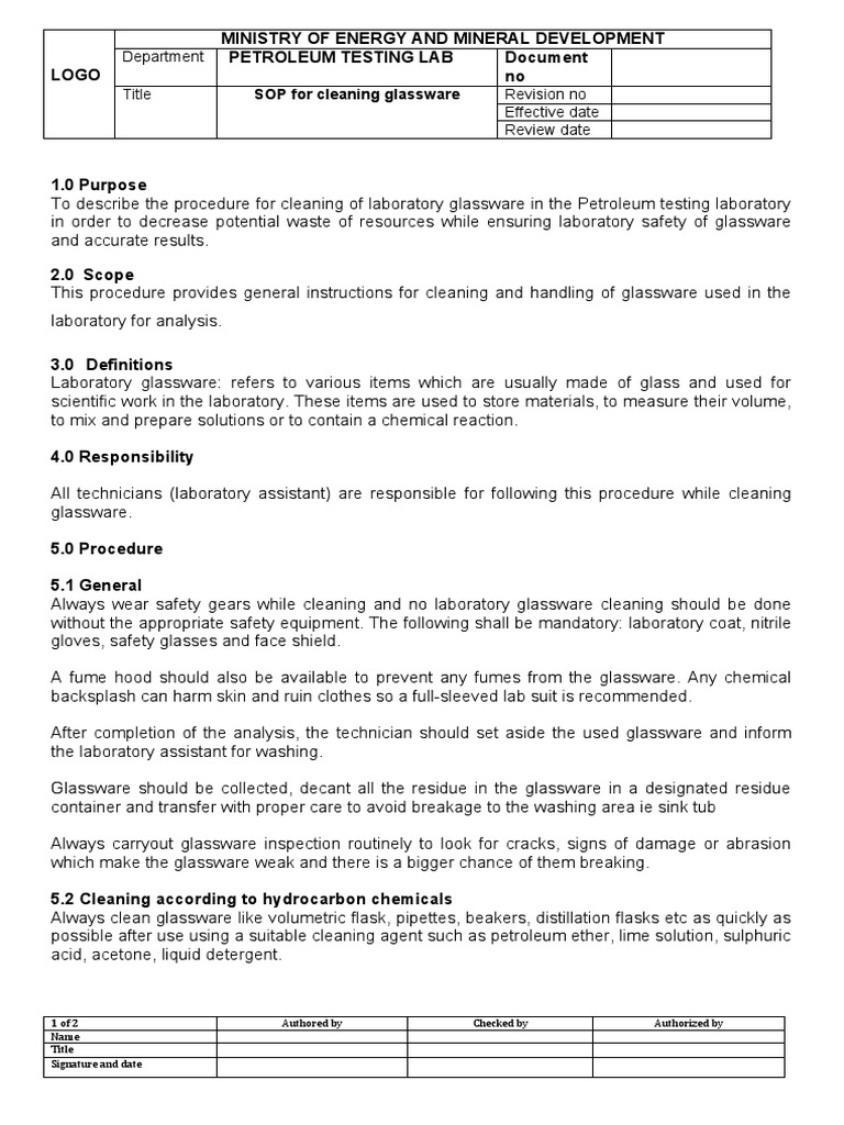 Sample SOP For Glassware Cleaning PDF Laboratories Materials