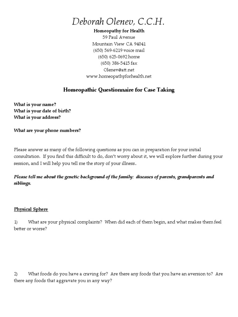 Deborah Olenev, C.C.H. Homeopathic Questionnaire For Case Taking