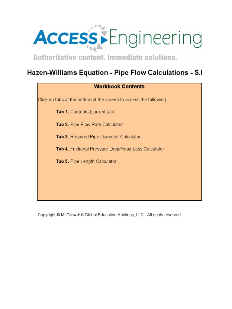 Hazen Williams Pipe Flow Calculations SI Final Locked PDF Pipe