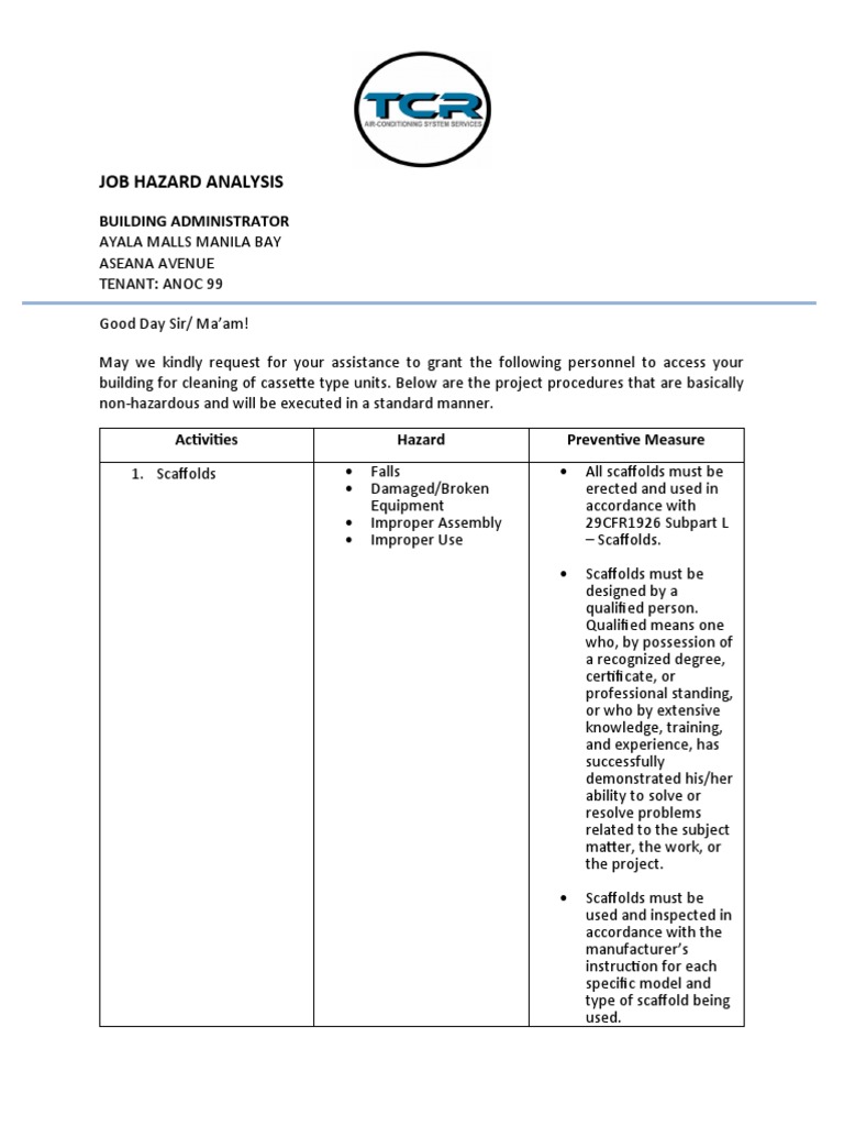 TCR Job Hazard Analysis Scaffolding PDF Scaffolding Business