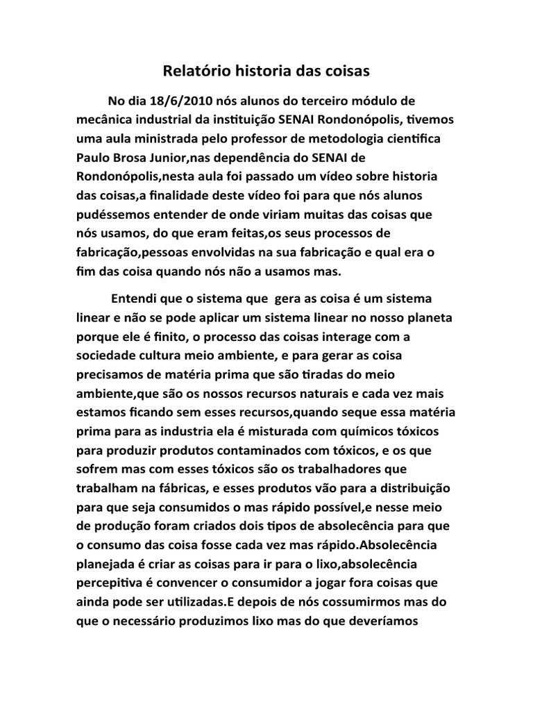 Relatório Historia Das Coisas PDF