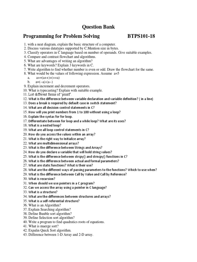 Question Bank Programming For Problem Solving BTPS101-18 | PDF | C ...