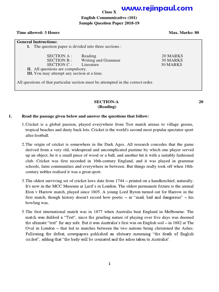 Class X English Exam Paper | PDF | Cricket | The Ashes