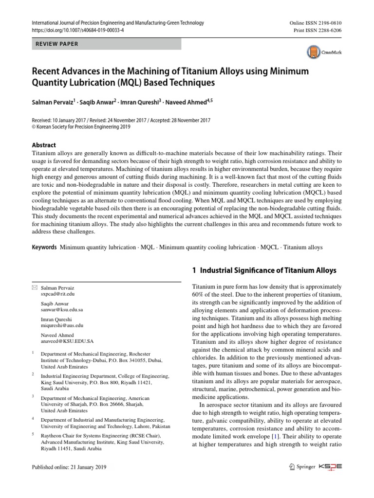 Recent Advances in The Machining of Titanium Alloys Using Minimum ...