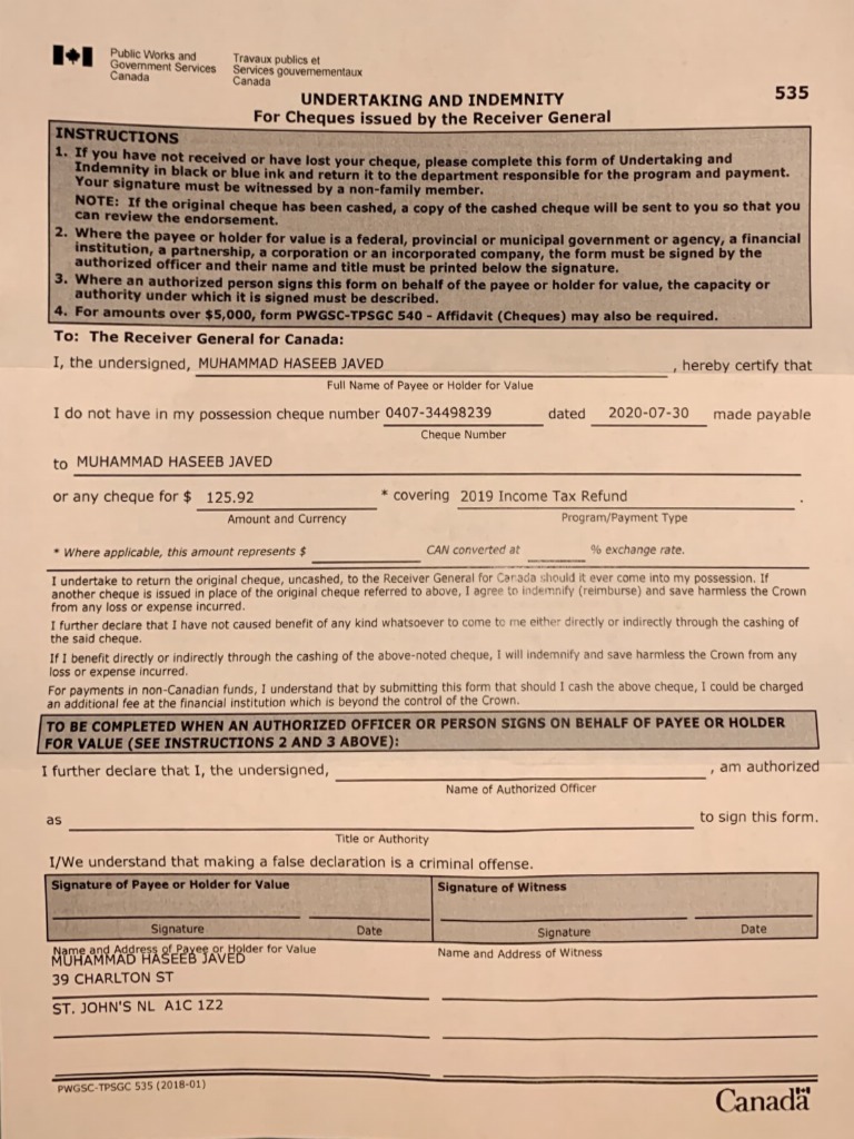 Canada Instructions Undertaking and Indemnity Cheques Issued by The