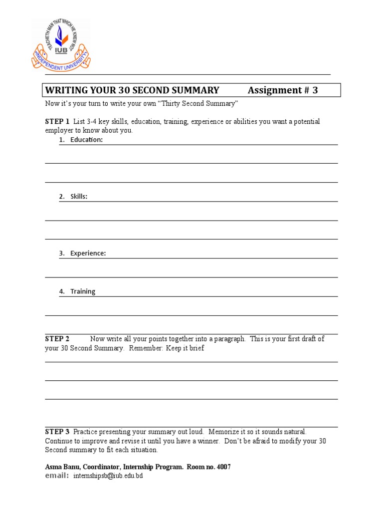 Writing Your 30 Second Summary Assignment # 3 | PDF | Business